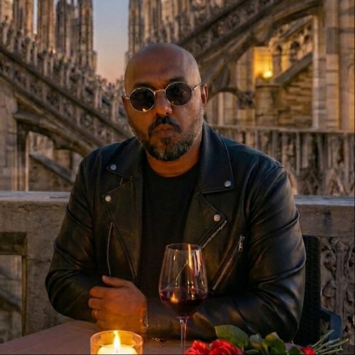 Ajit Singh by candlelight on the rooftop of the Duomo di Milano